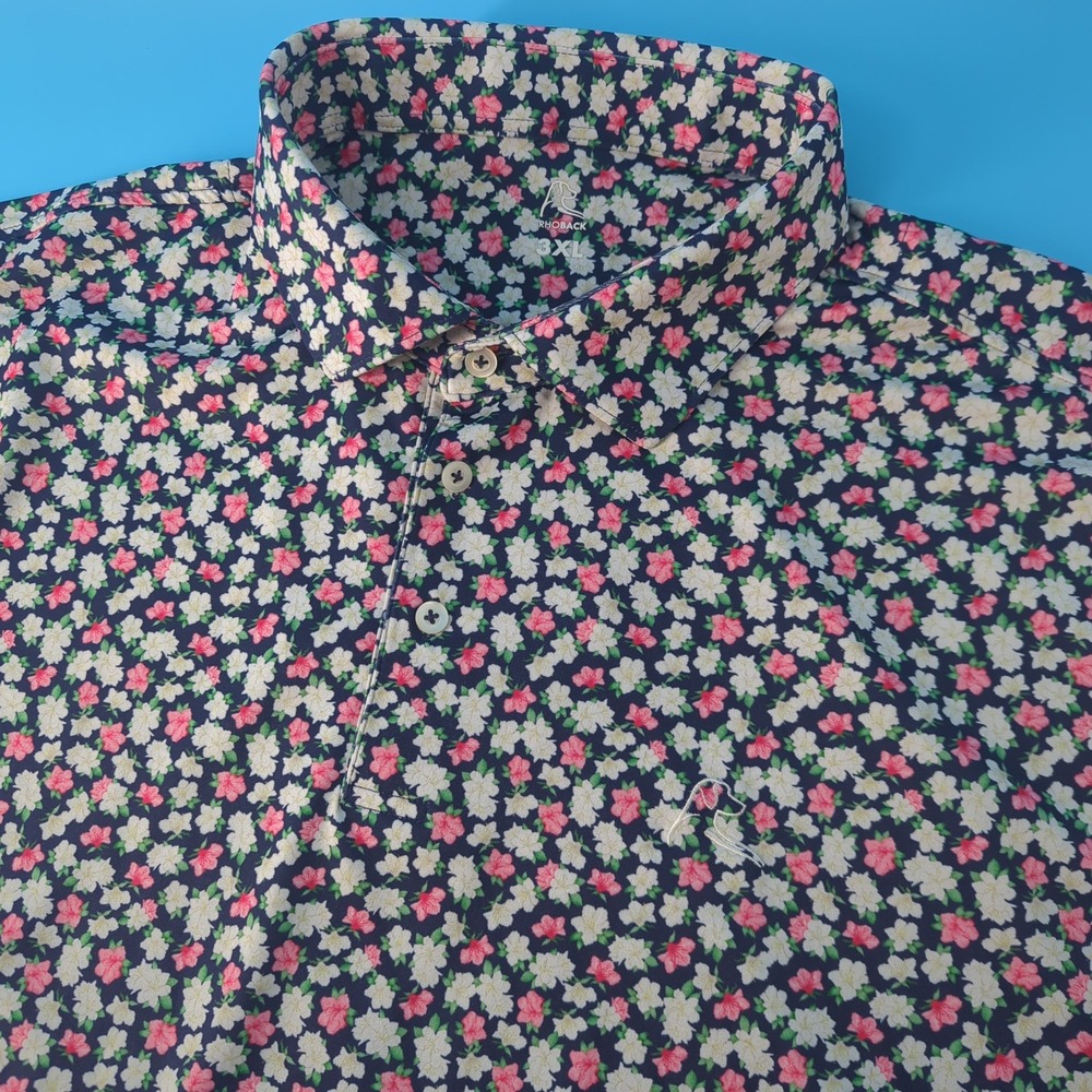 Rhoback Mens 3XL Floral Performance Polo Shirt Navy Pink The Azalea MPOL0007